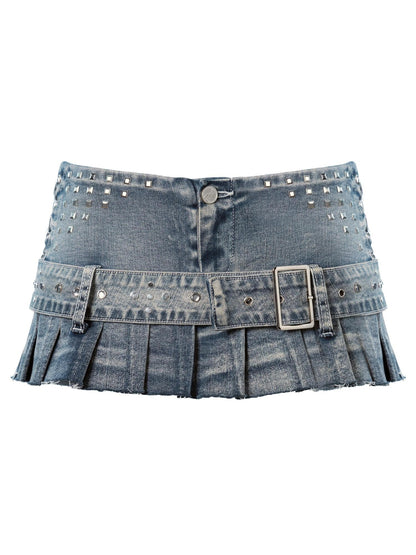 JYOSEI Light Blue Distressed Studded Pleated Front Zip Women&