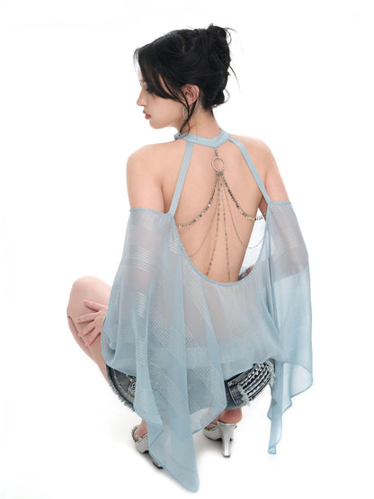JYOSEI Light Blue Shimmer Asymmetric Off Shoulder Chain Women&