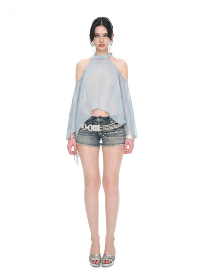 JYOSEI Light Blue Shimmer Asymmetric Off Shoulder Chain Women&