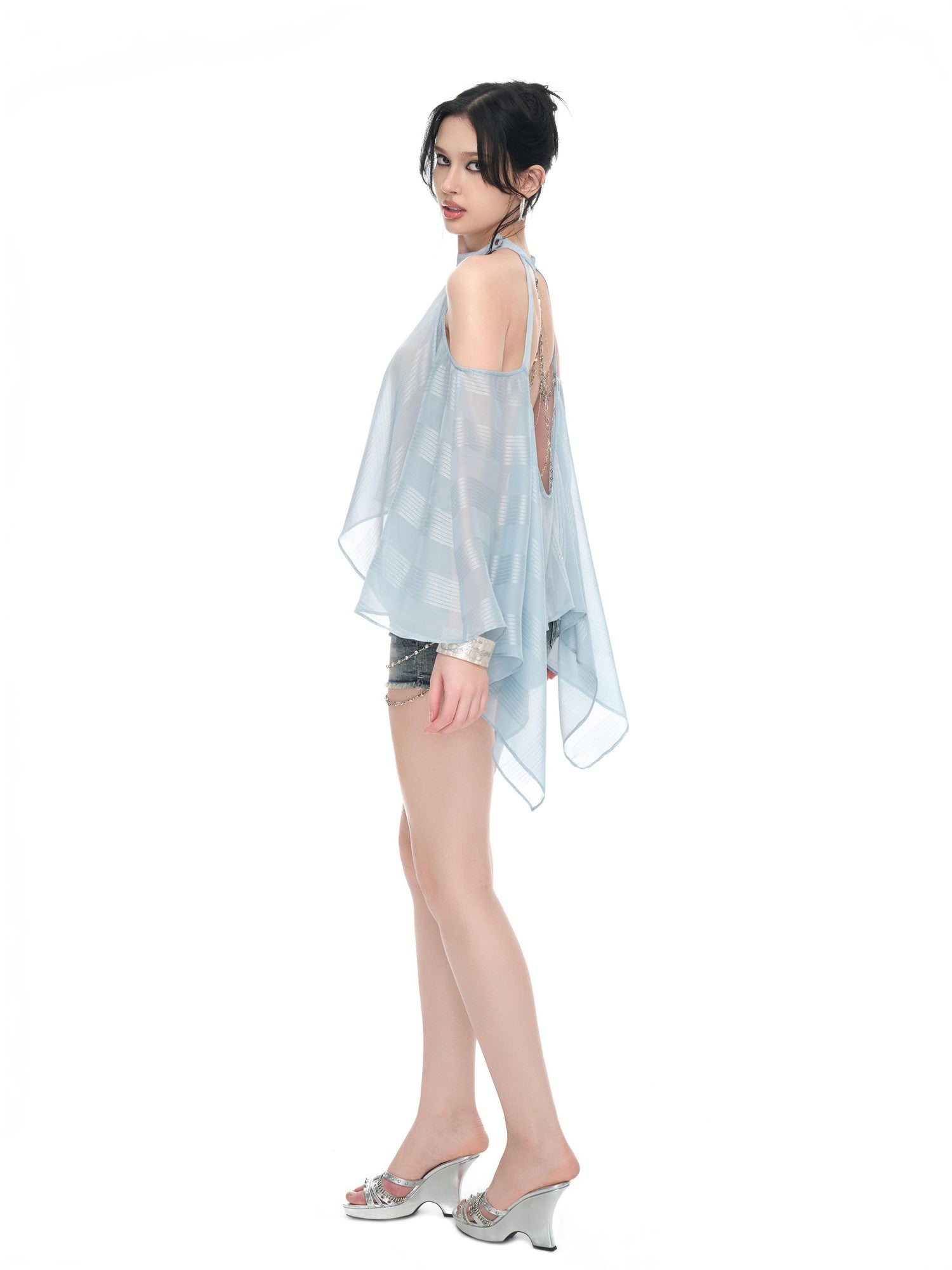 JYOSEI Light Blue Shimmer Asymmetric Off Shoulder Chain Women&