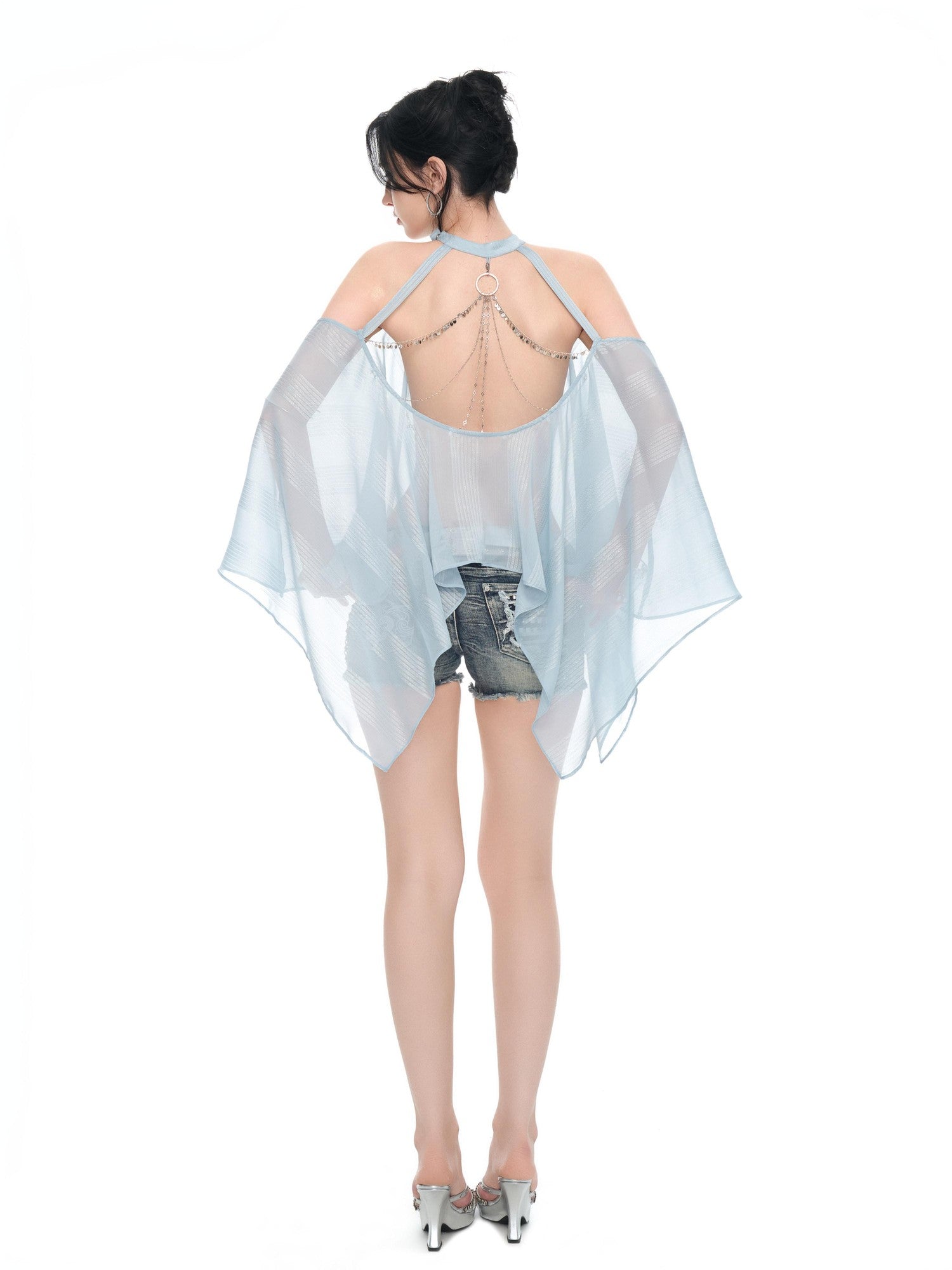 JYOSEI Light Blue Shimmer Asymmetric Off Shoulder Chain Women&