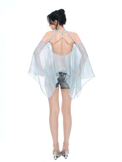 JYOSEI Light Blue Shimmer Asymmetric Off Shoulder Chain Women&
