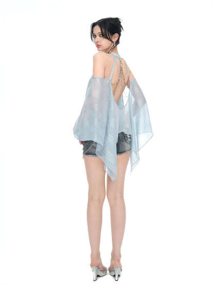 JYOSEI Light Blue Shimmer Asymmetric Off Shoulder Chain Women&
