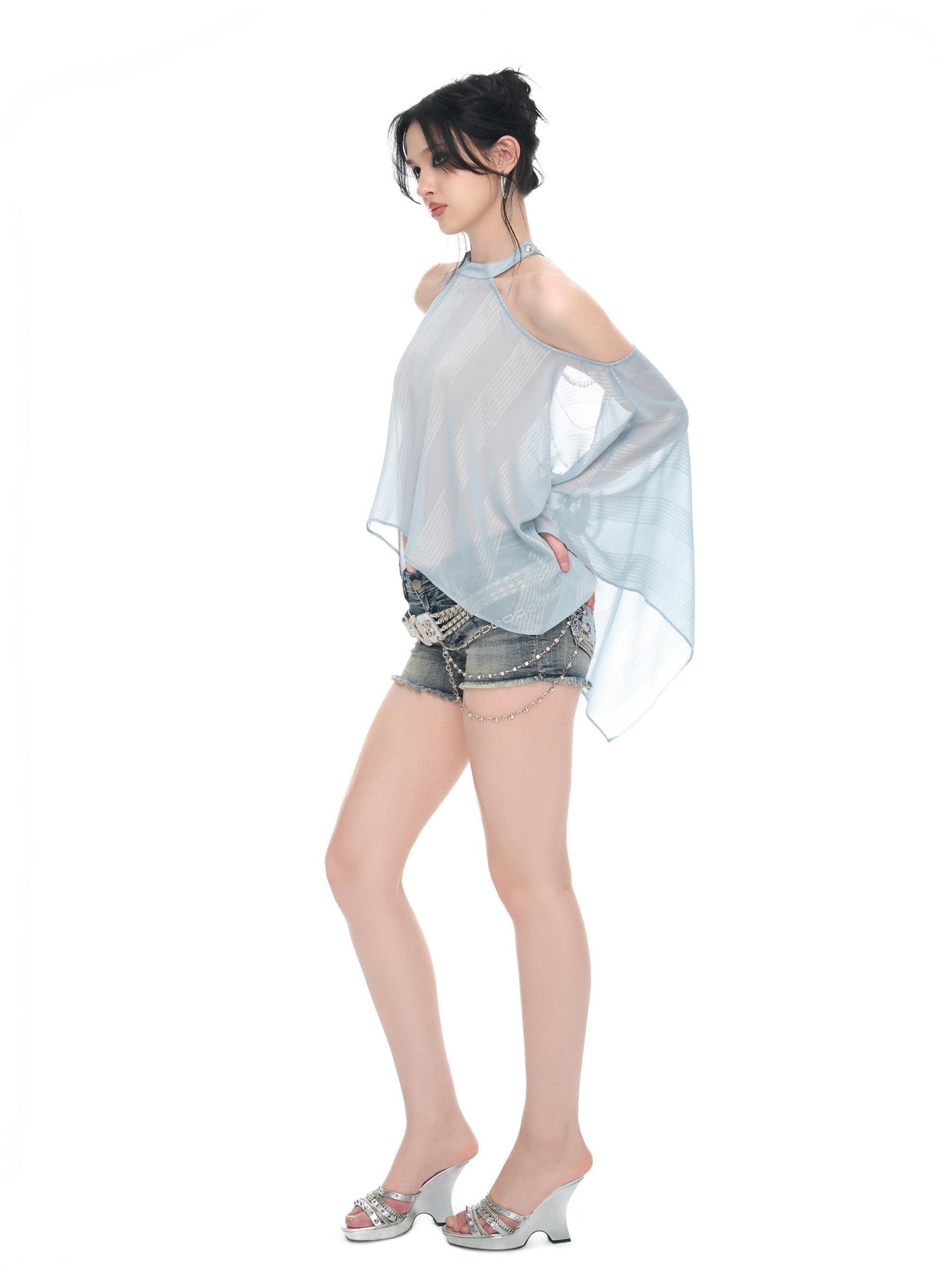 JYOSEI Light Blue Shimmer Asymmetric Off Shoulder Chain Women&