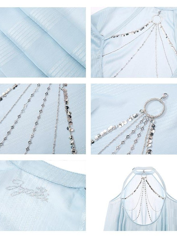 JYOSEI Light Blue Shimmer Asymmetric Off Shoulder Chain Women&