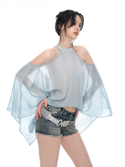 JYOSEI Light Blue Shimmer Asymmetric Off Shoulder Chain Women&