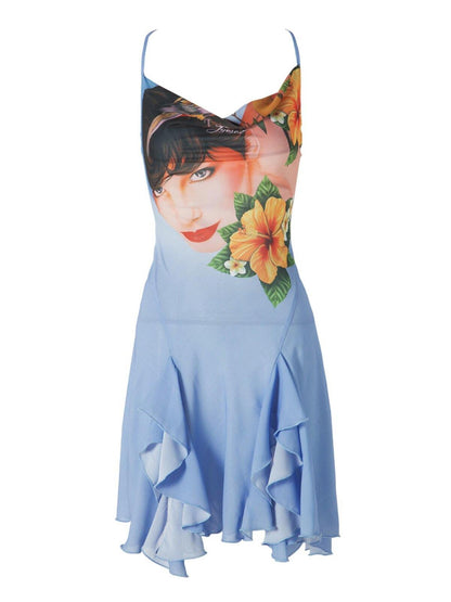 JYOSEI Light Polyester Ruffle Spaghetti Strap Draped Neckline Casual Blue Mini Dresses