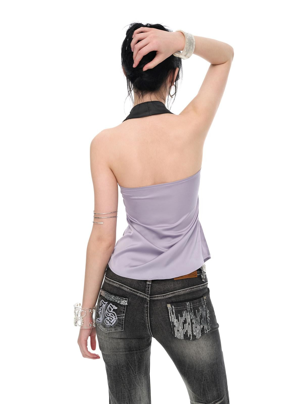 JYOSEI Light Purple Satin Sequin Backless Halter Loose Women&