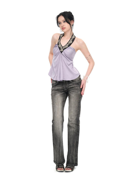 JYOSEI Light Purple Satin Sequin Backless Halter Loose Women&
