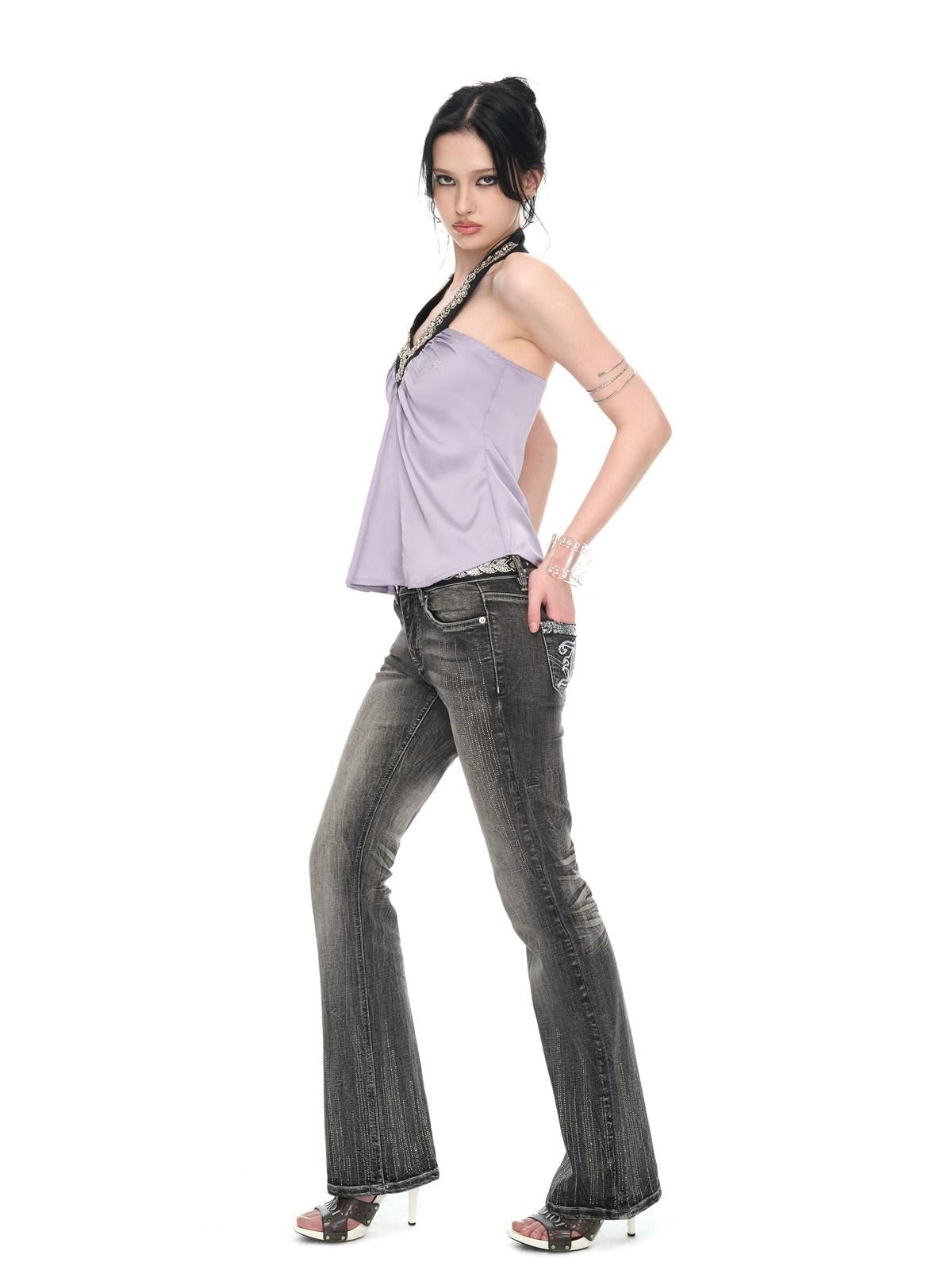 JYOSEI Light Purple Satin Sequin Backless Halter Loose Women&