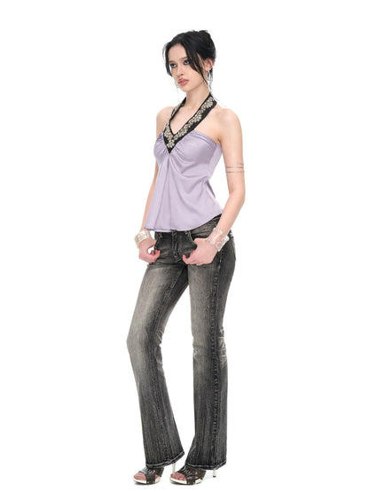 JYOSEI Light Purple Satin Sequin Backless Halter Loose Women&