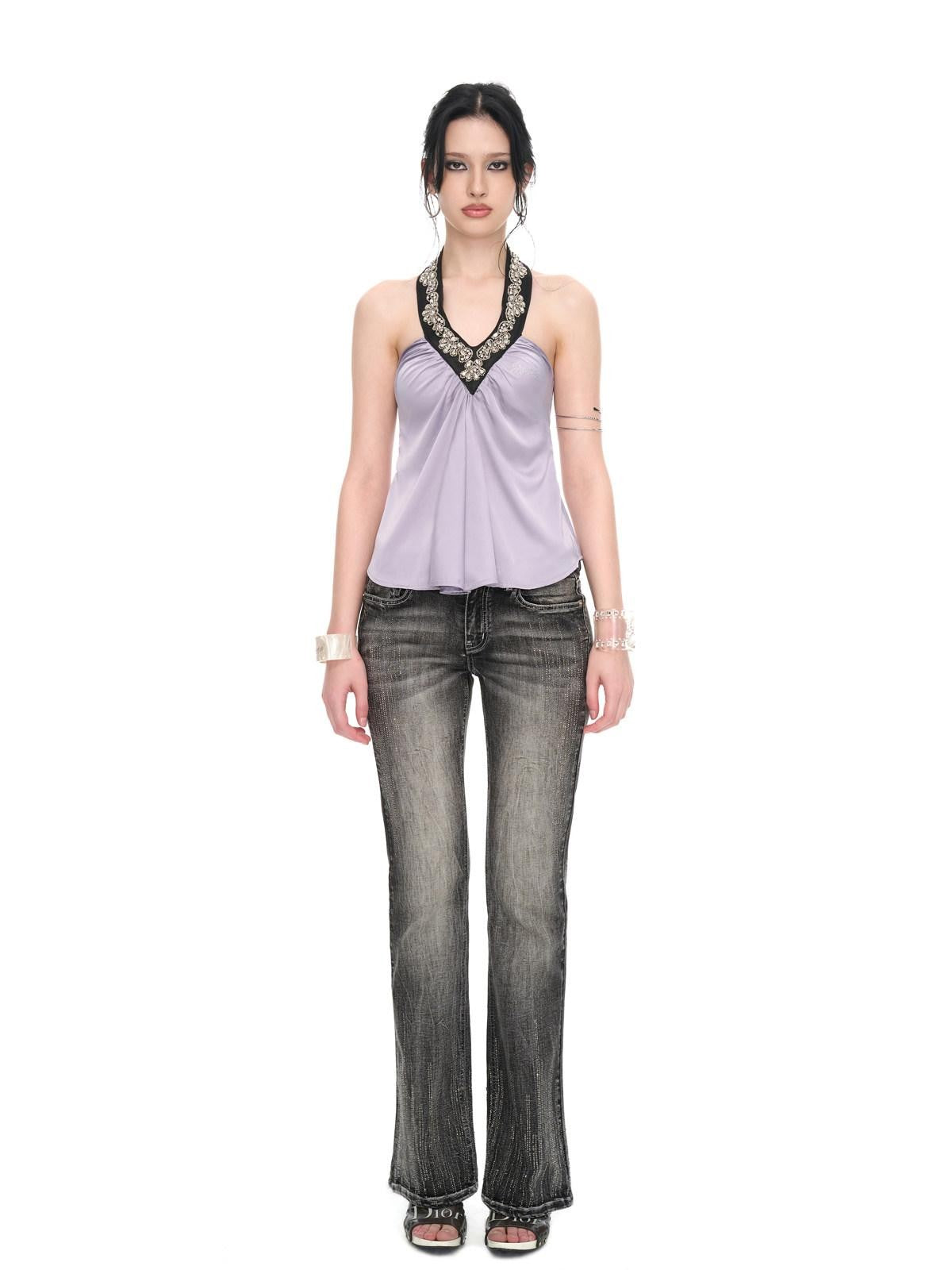 JYOSEI Light Purple Satin Sequin Backless Halter Loose Women&