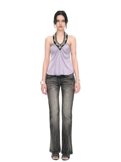 JYOSEI Light Purple Satin Sequin Backless Halter Loose Women&