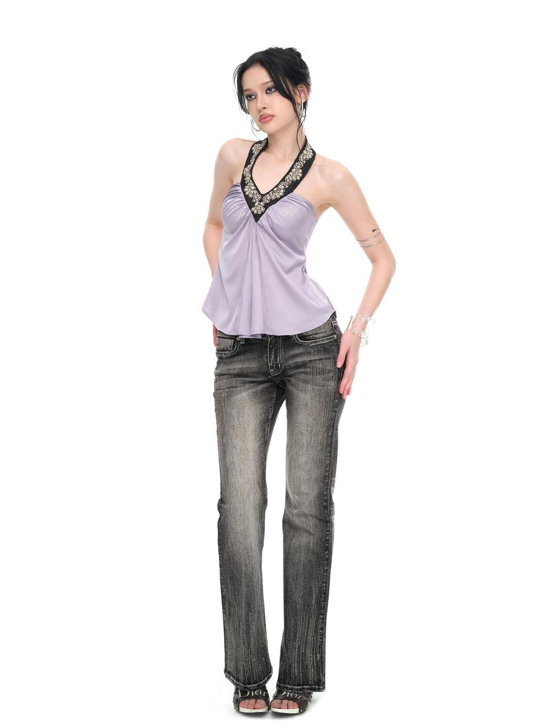 JYOSEI Light Purple Satin Sequin Backless Halter Loose Women&