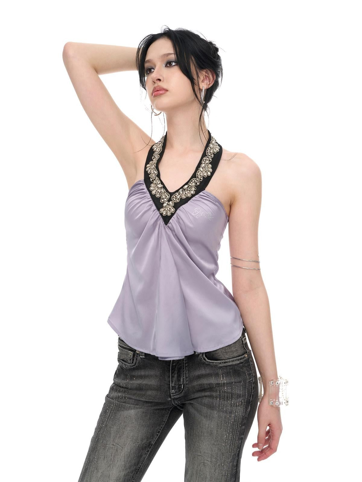 JYOSEI Light Purple Satin Sequin Backless Halter Loose Women&