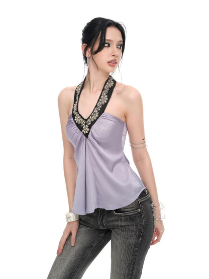 JYOSEI Light Purple Satin Sequin Backless Halter Loose Women&