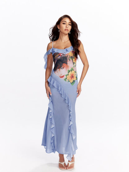 JYOSEI Lightweight Resort Spaghetti Strap Casual Women Blue Polyester Maxi Dresses