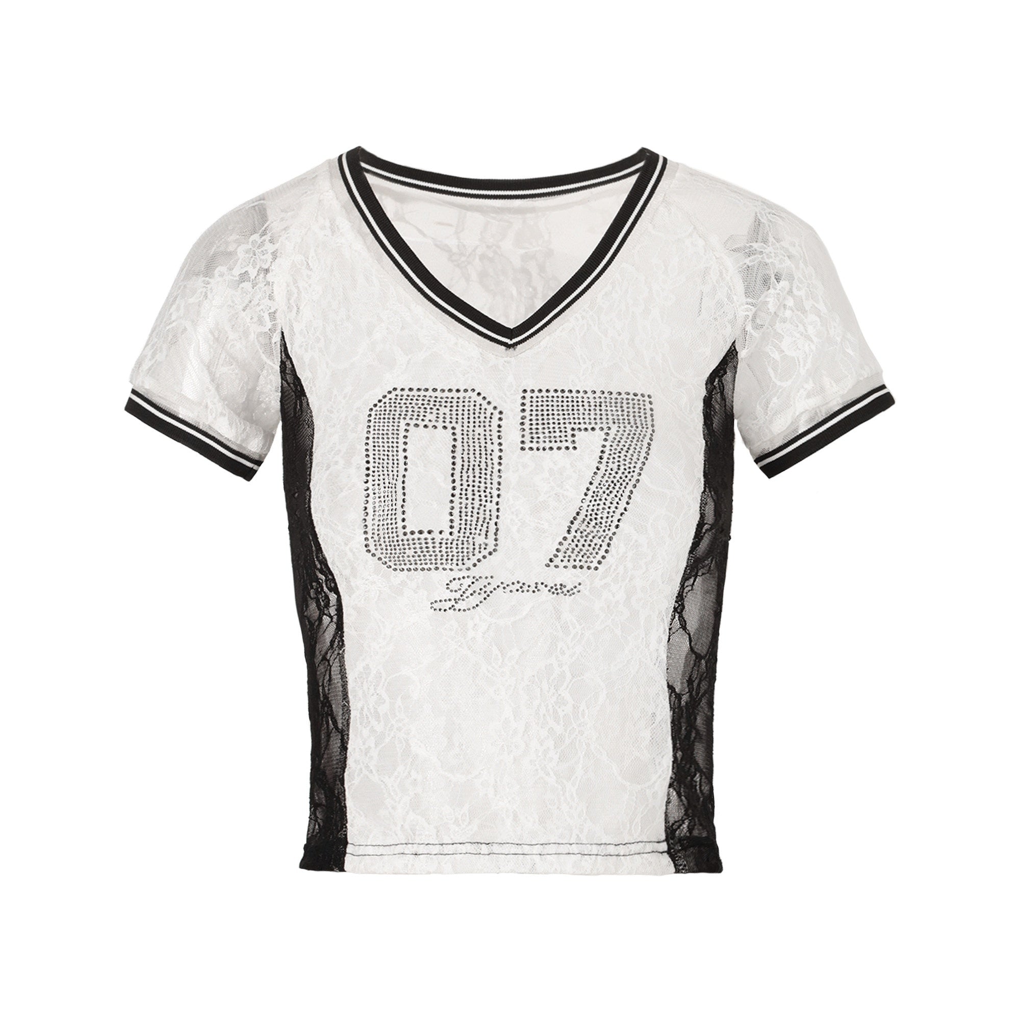 JYOSEI_Lightweight_Stretch_Slim_Fit_Patchwork_V-ceck_Urban_Black_White_Text_T-Shirt_MISSTT