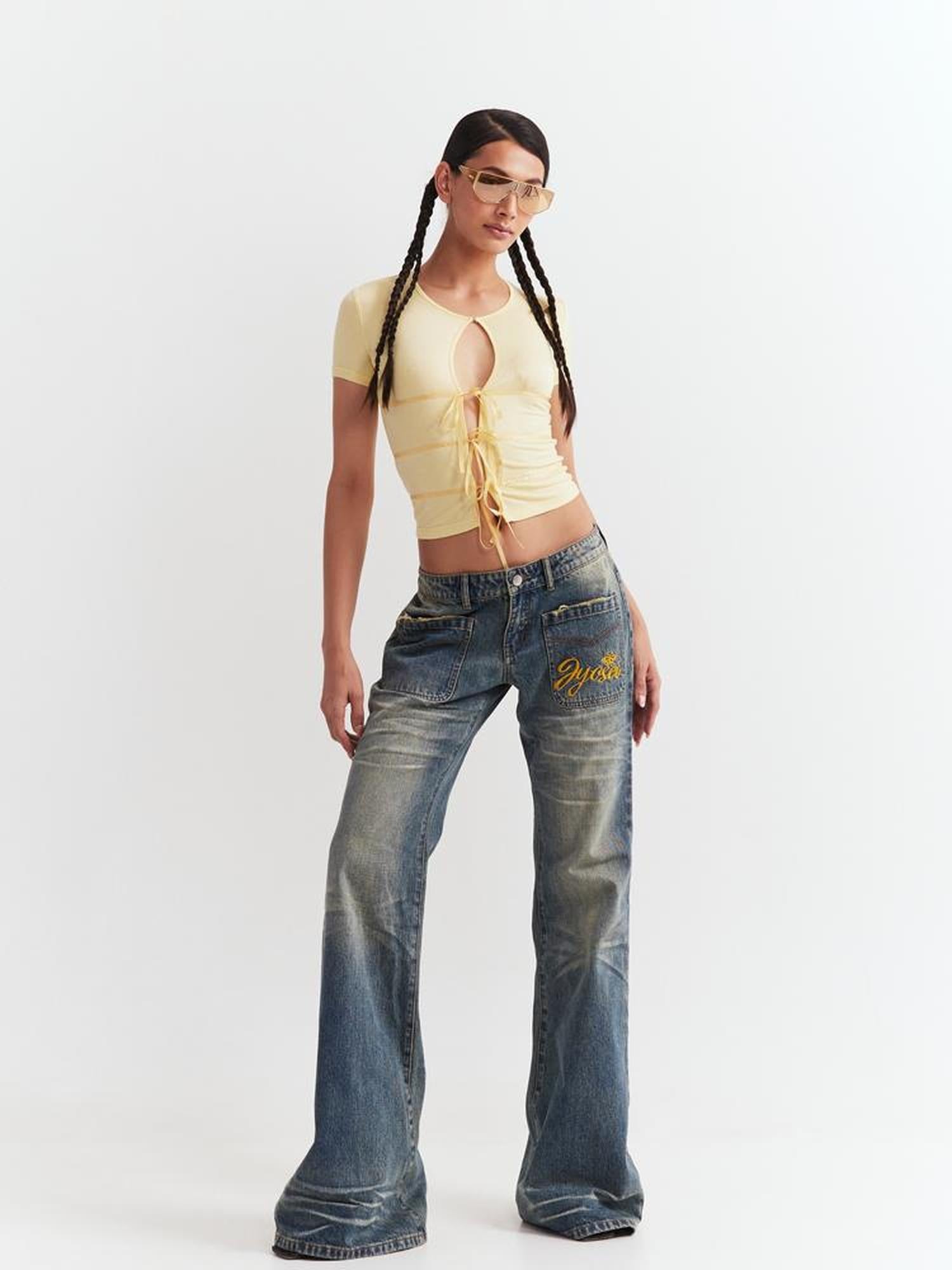 JYOSEI Low Waist Flared Jeans Vintage Washed Wide Leg Trousers