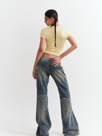 JYOSEI Low Waist Flared Jeans Vintage Washed Wide Leg Trousers