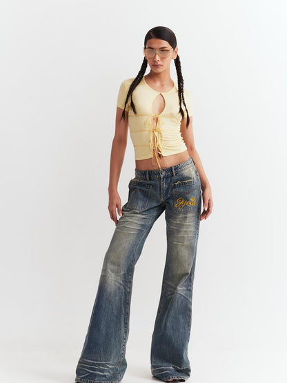 JYOSEI Low Waist Flared Jeans Vintage Washed Wide Leg Trousers