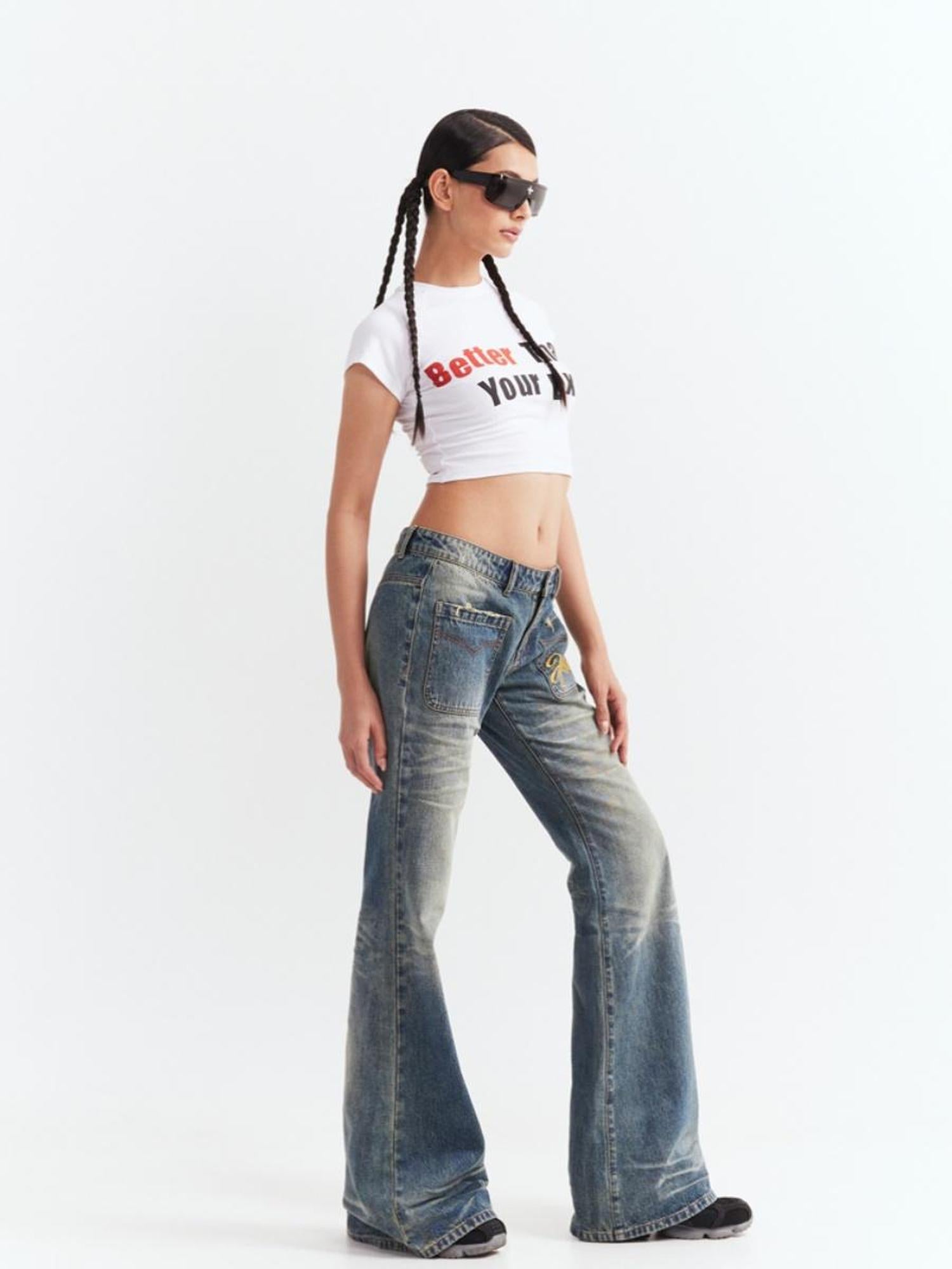 JYOSEI Low Waist Flared Jeans Vintage Washed Wide Leg Trousers