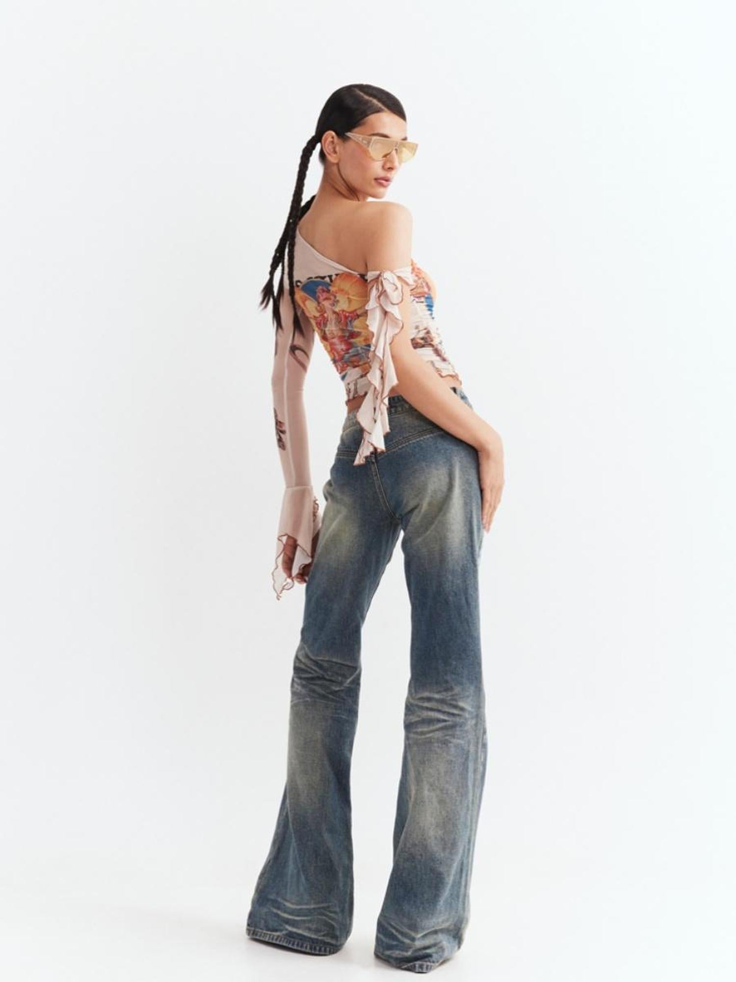 JYOSEI Low Waist Flared Jeans Vintage Washed Wide Leg Trousers