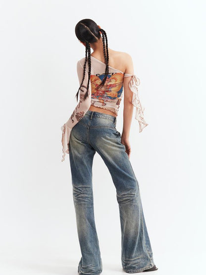 JYOSEI Low Waist Flared Jeans Vintage Washed Wide Leg Trousers