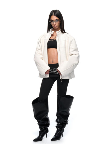 JYOSEI Matte Pu Leather Thick Loose Neutral Street Zip Front Women Puffer Jacket