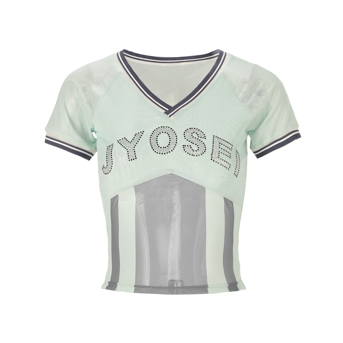 JYOSEI_Mesh_Panel_Ribbed_Rhinestone_V-neck_Slim_Fit_Women&