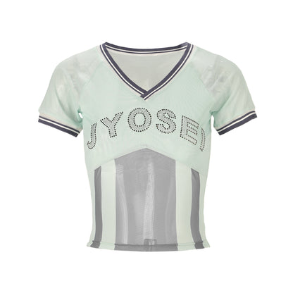 JYOSEI_Mesh_Panel_Ribbed_Rhinestone_V-neck_Slim_Fit_Women&