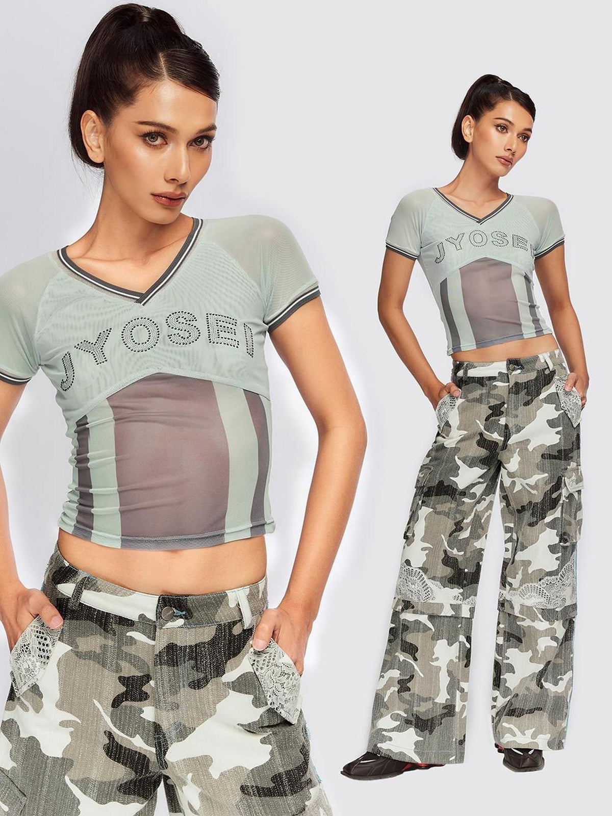 JYOSEI Mesh Panel Ribbed Rhinestone V-neck Slim Fit Women&