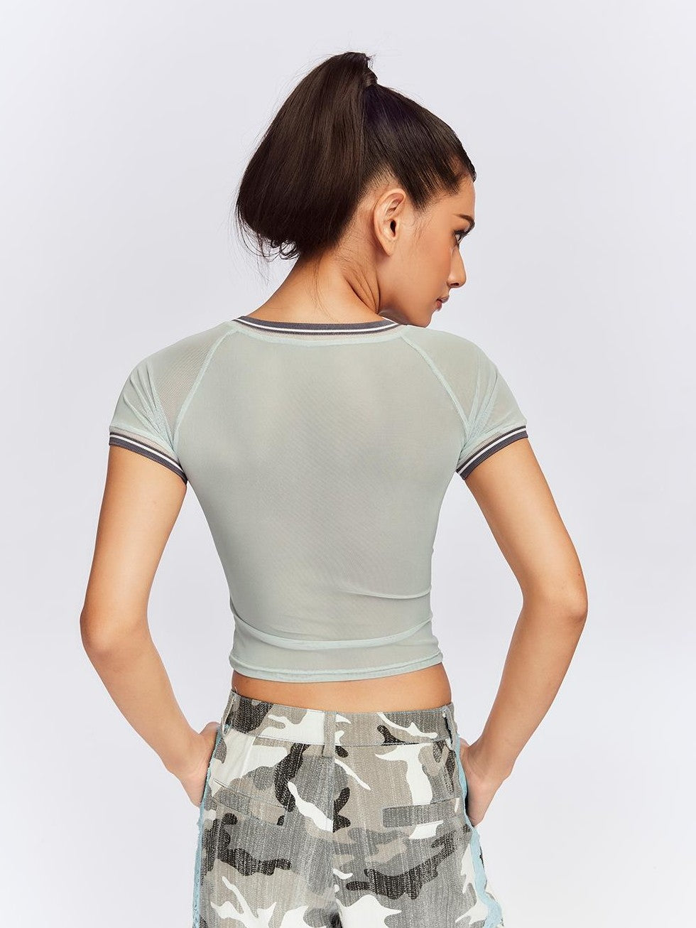 JYOSEI Mesh Panel Ribbed Rhinestone V-neck Slim Fit Women&
