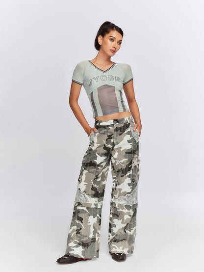 JYOSEI Mesh Panel Ribbed Rhinestone V-neck Slim Fit Women&