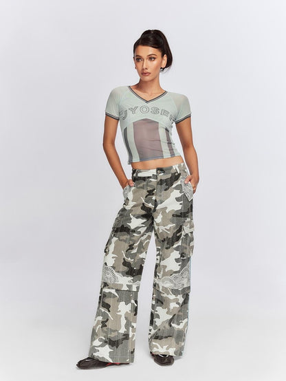 JYOSEI Mesh Panel Ribbed Rhinestone V-neck Slim Fit Women&