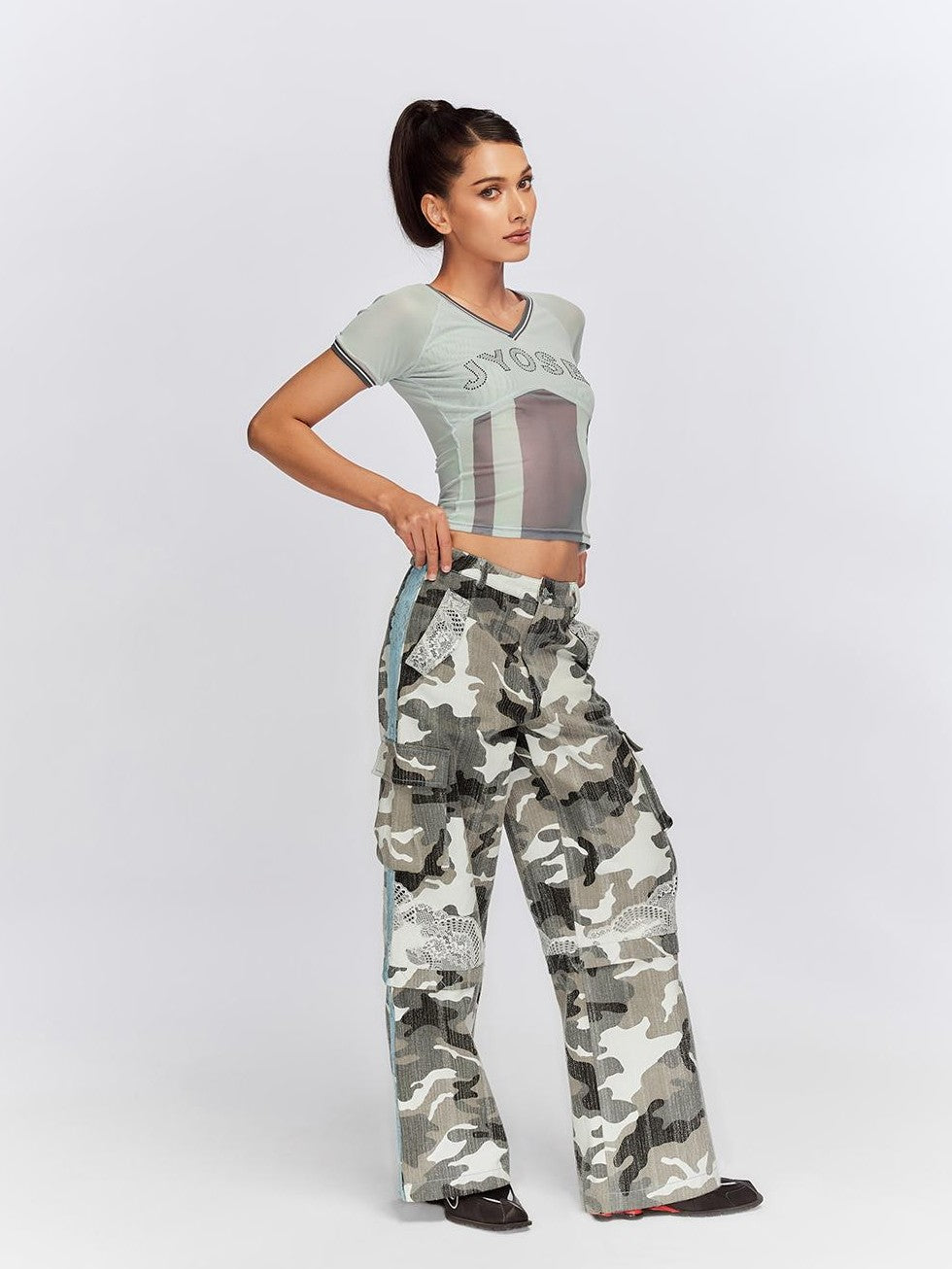 JYOSEI Mesh Panel Ribbed Rhinestone V-neck Slim Fit Women&