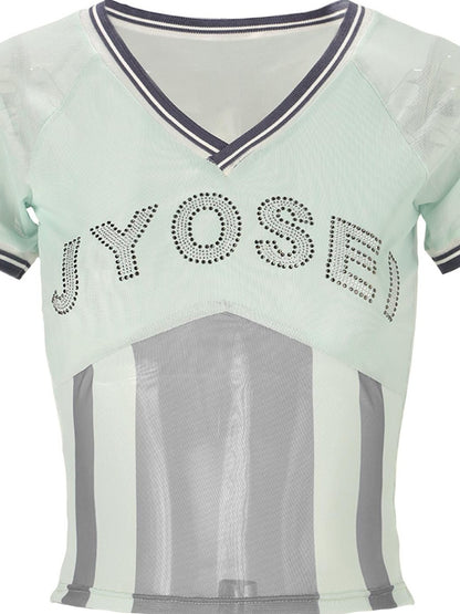 JYOSEI Mesh Panel Ribbed Rhinestone V-neck Slim Fit Women&