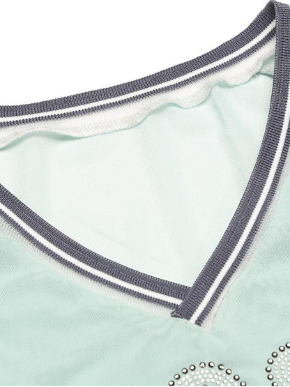 JYOSEI Mesh Panel Ribbed Rhinestone V-neck Slim Fit Women&