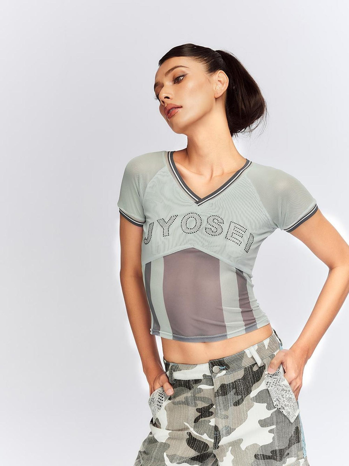 JYOSEI Mesh Panel Ribbed Rhinestone V-neck Slim Fit Women&