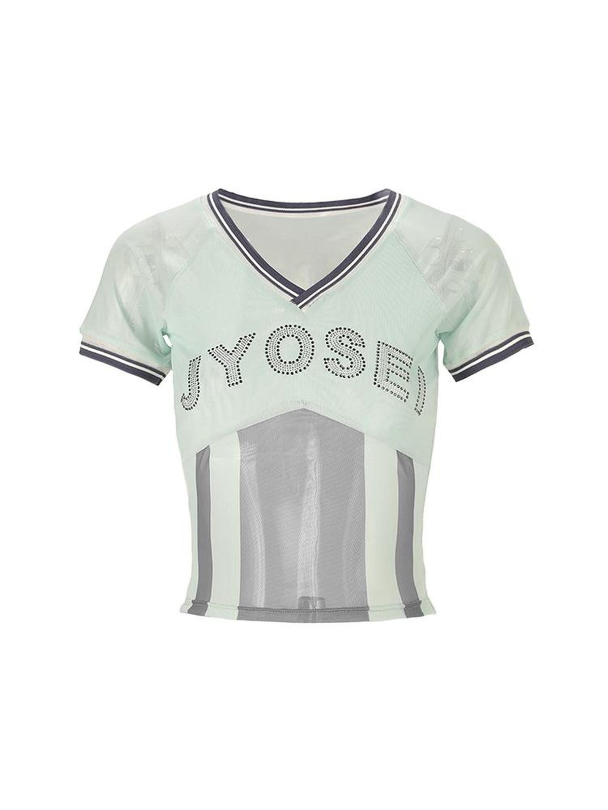 JYOSEI Mesh Panel Ribbed Rhinestone V-neck Slim Fit Women&