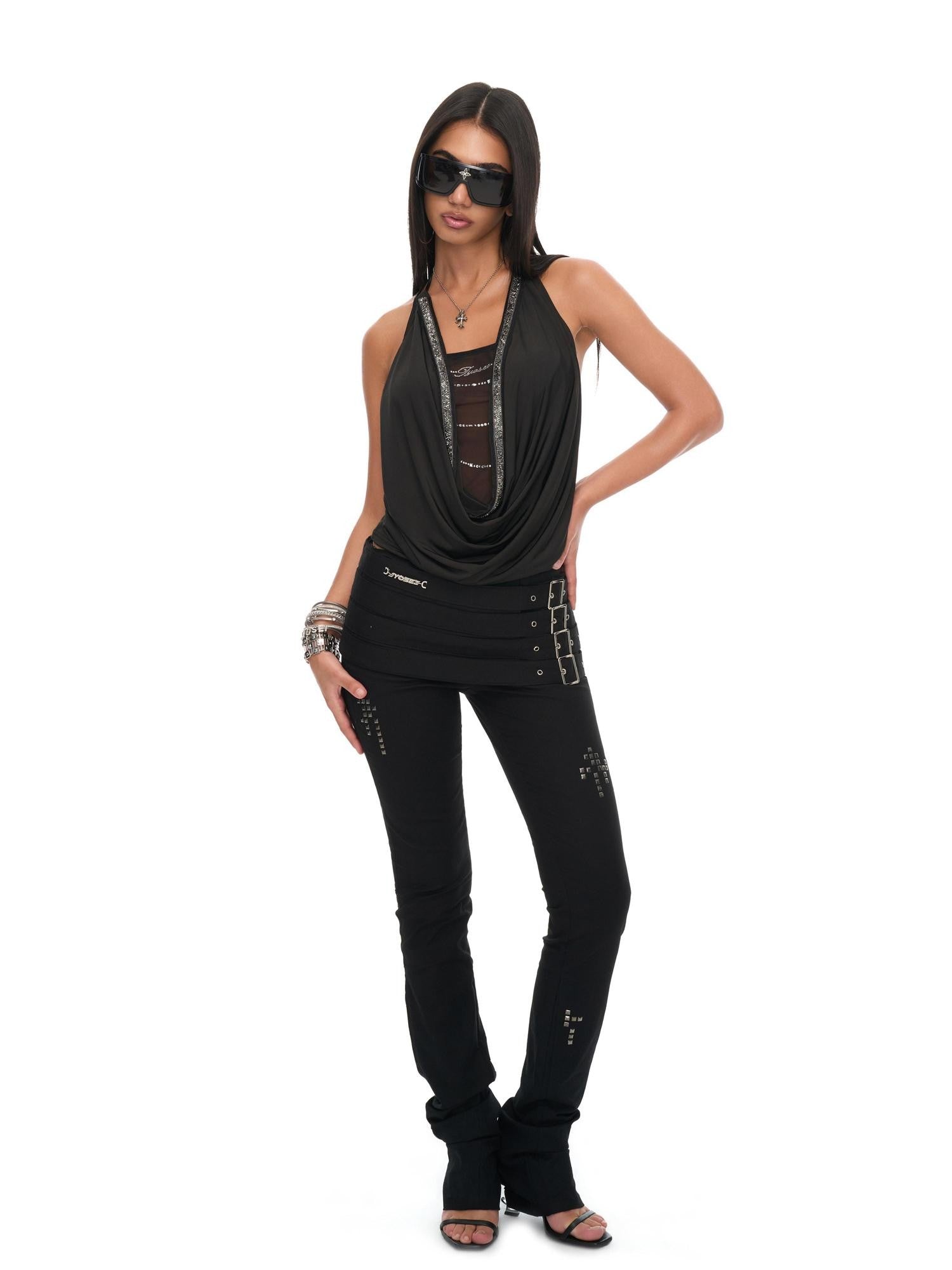 JYOSEI Mesh Splice Backless 3D Trim Leather Cord Halter Women&