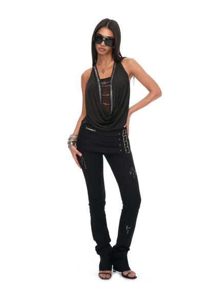 JYOSEI Mesh Splice Backless 3D Trim Leather Cord Halter Women&