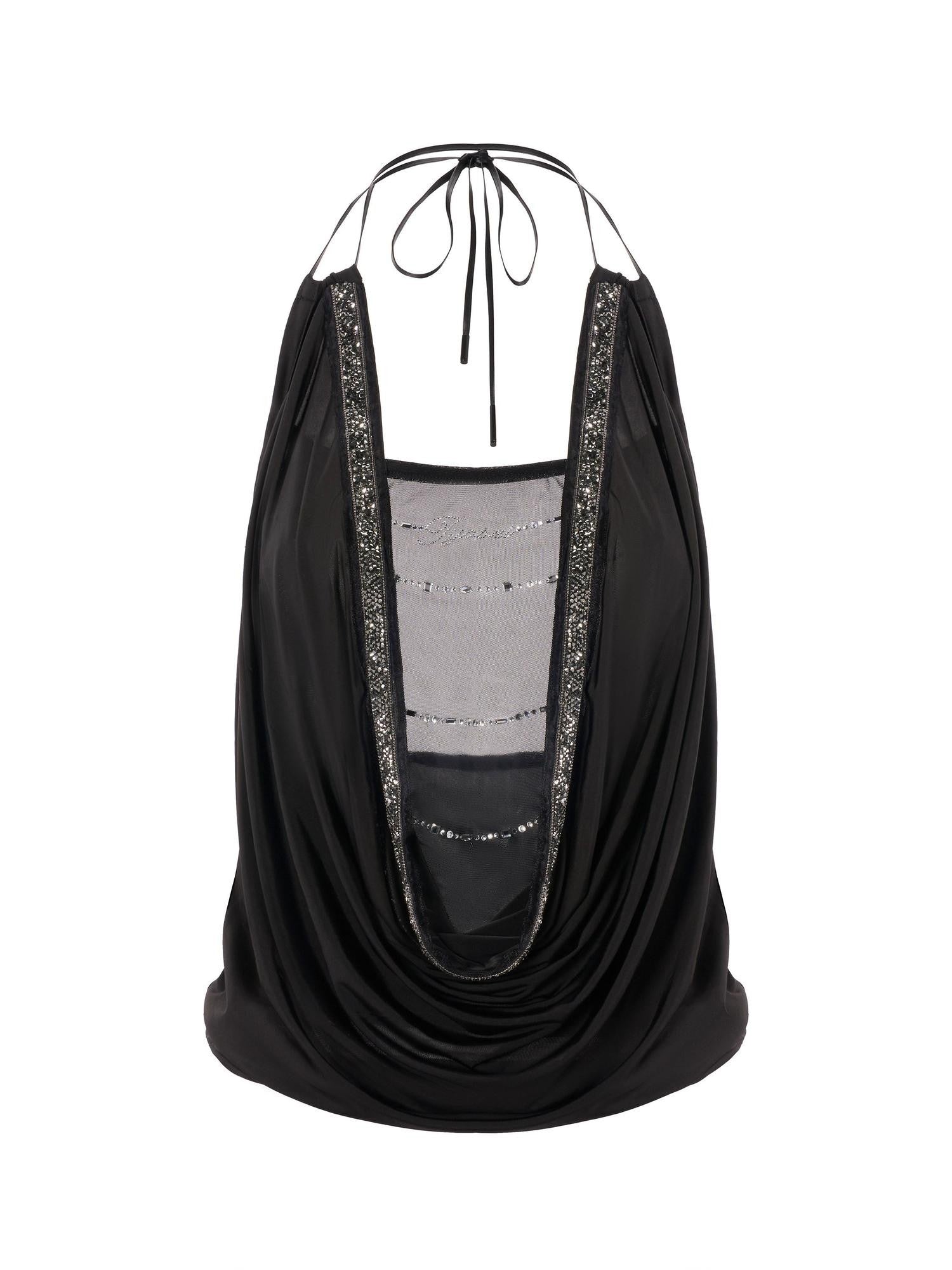 JYOSEI Mesh Splice Backless 3D Trim Leather Cord Halter Women&