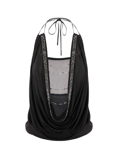 JYOSEI Mesh Splice Backless 3D Trim Leather Cord Halter Women&