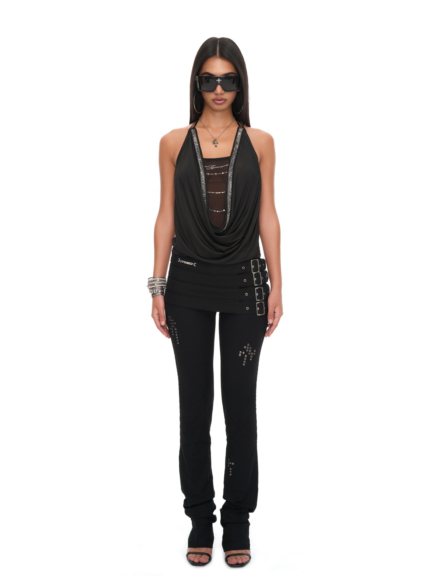 JYOSEI Mesh Splice Backless 3D Trim Leather Cord Halter Women&