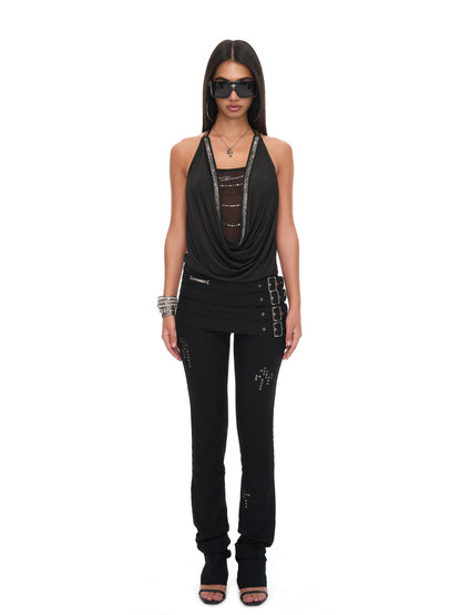 JYOSEI Mesh Splice Backless 3D Trim Leather Cord Halter Women&