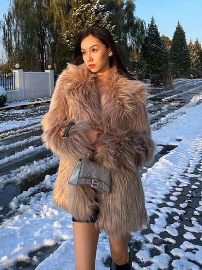 JYOSEI Mid Length Plush Teddy Coat In Beige And White