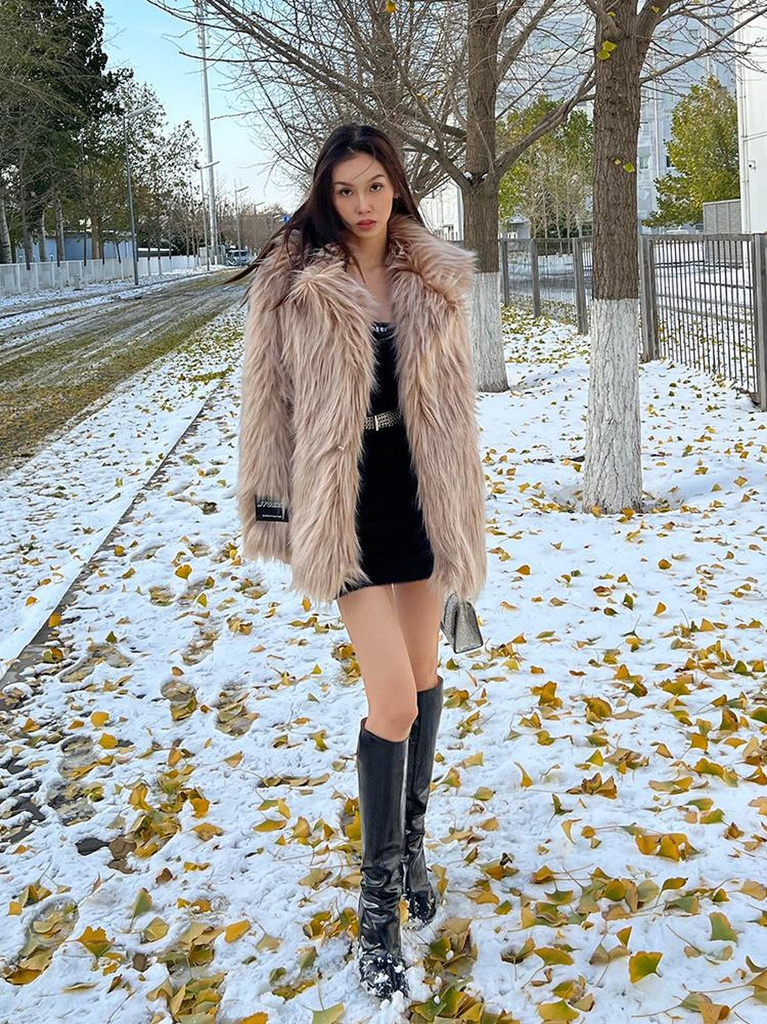 JYOSEI Mid Length Plush Teddy Coat In Beige And White