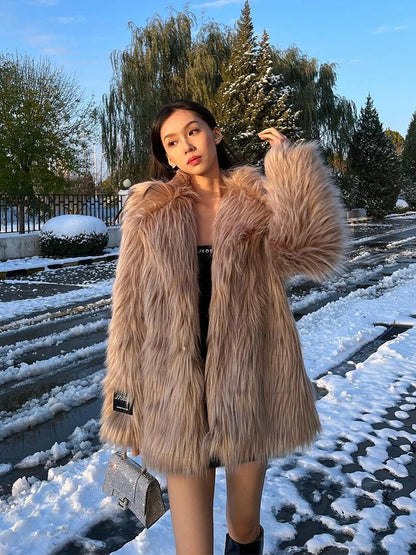 Mid Length Plush Teddy Coat In Beige And White