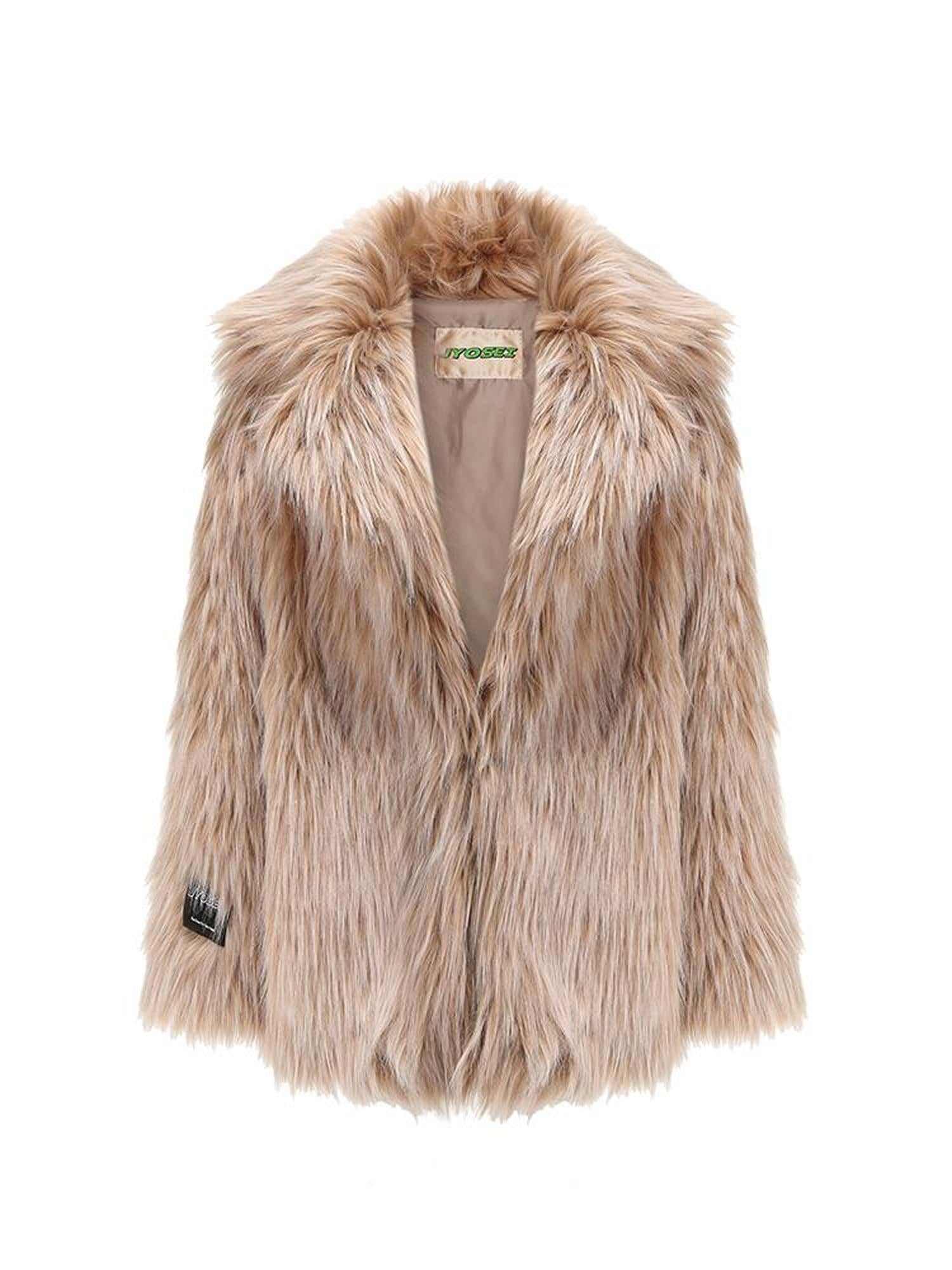 JYOSEI Mid Length Plush Teddy Coat In Beige And White